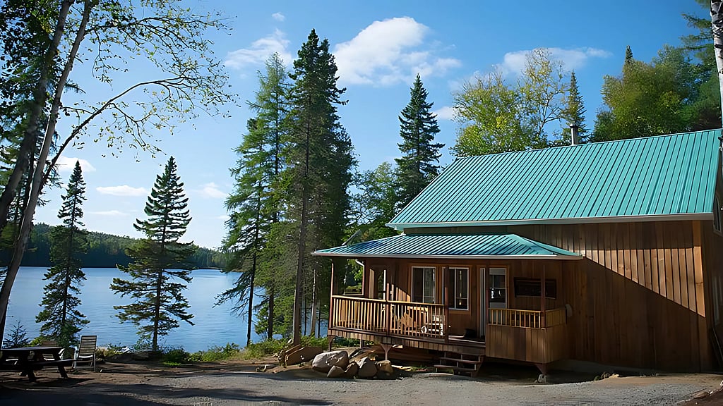 Extérieur d'un chalet à la Pourvoirie du Pignon Rouge