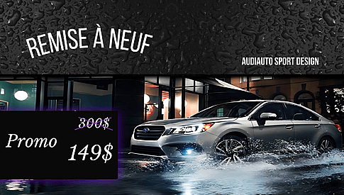 bannière promotionnelle d'Audiauto Sport avec remise à neuf de 149$ au lieu de 300$